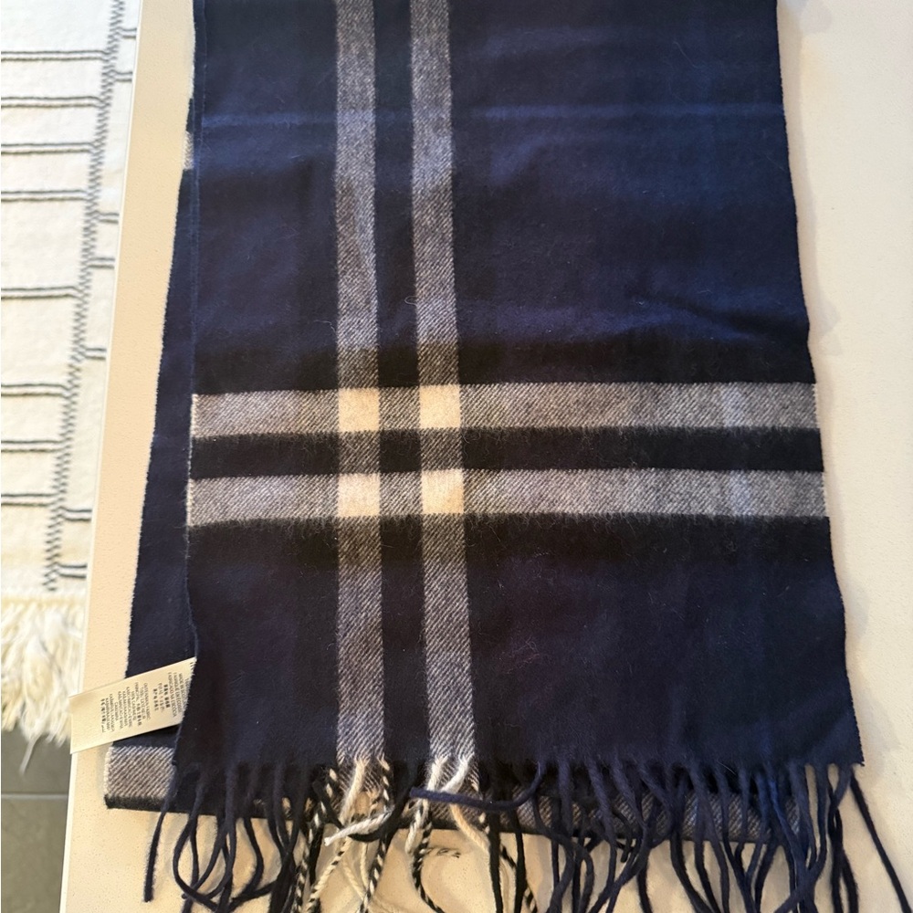 Burberry Blue and White Plaid Scarf with Fringe